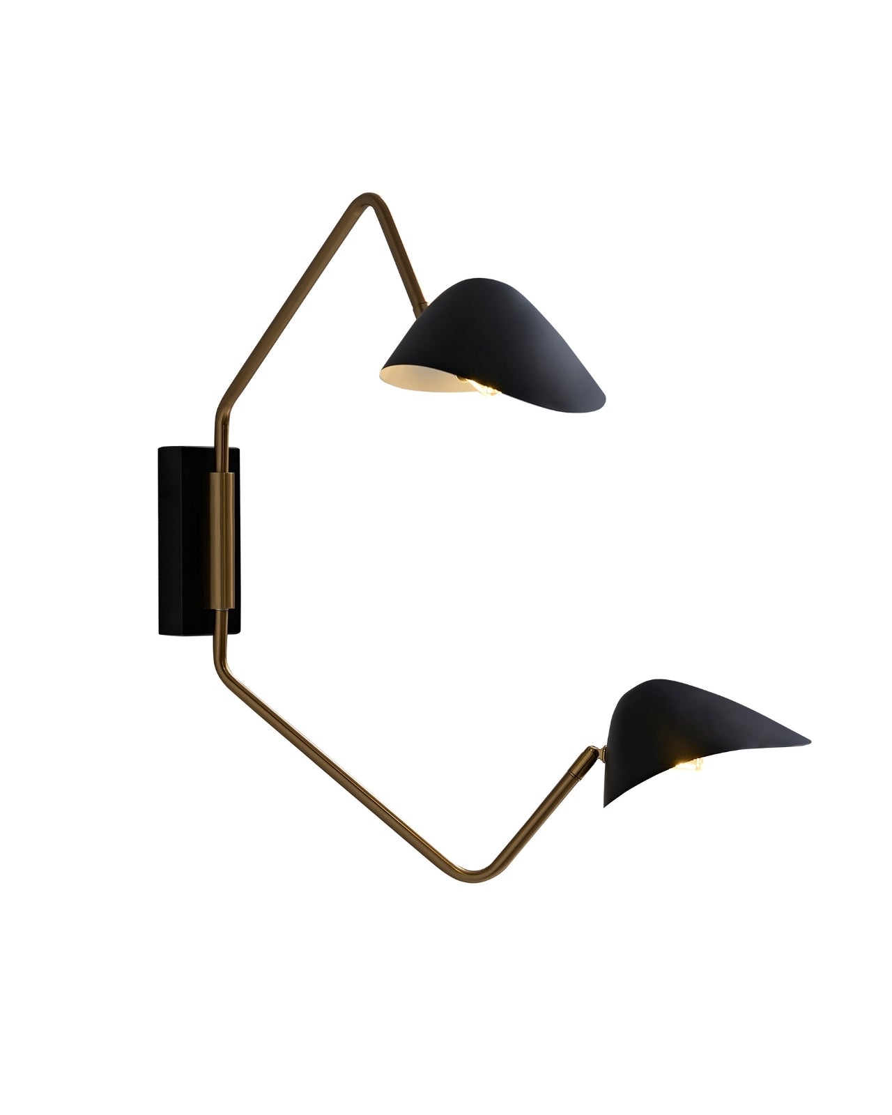 Wall-mounted sconce with two adjustable black metal shades and a brass arm, featuring dual exposed bulbs, shown against a white background.