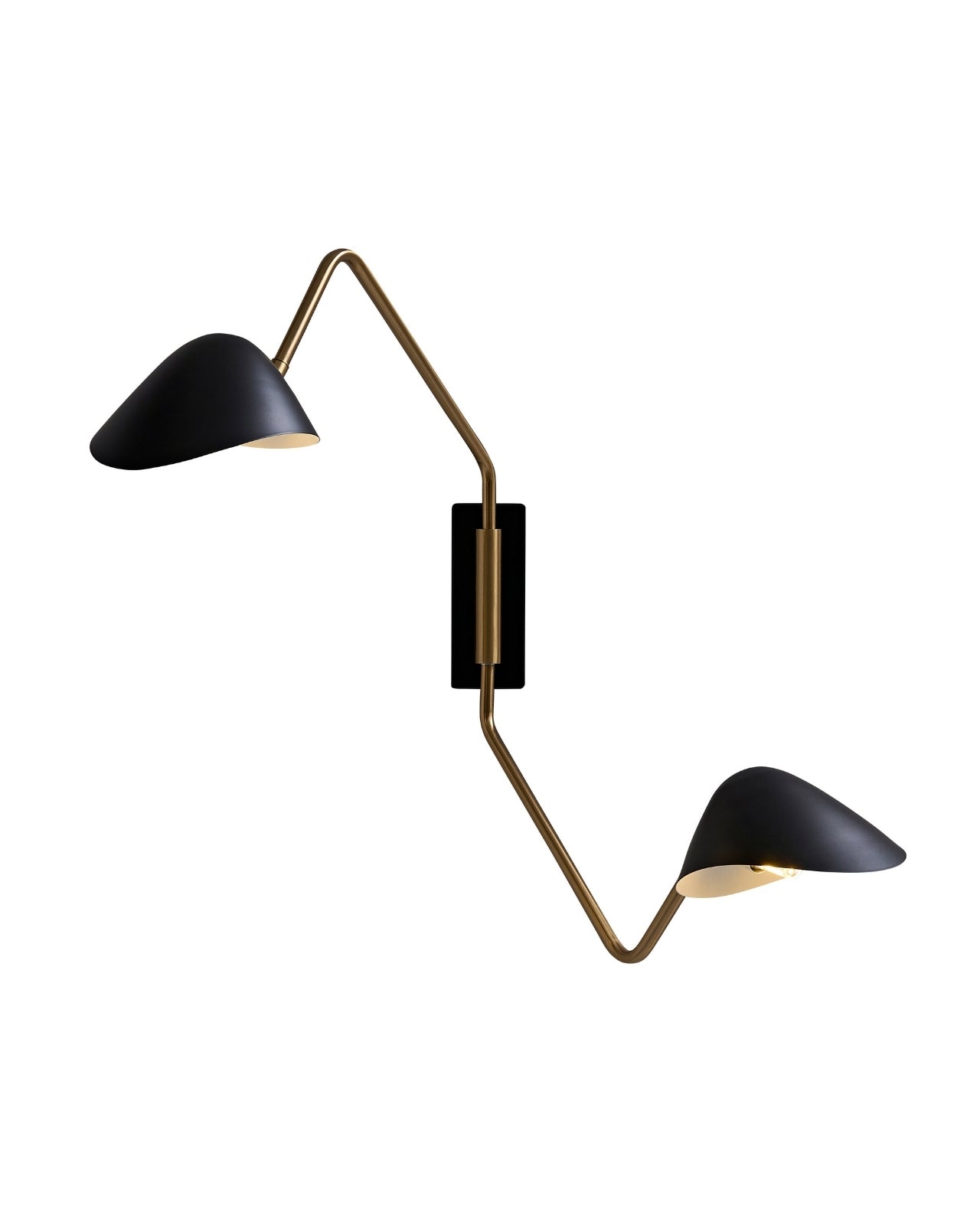 Wall-mounted sconce with two adjustable black metal shades and a brass arm, featuring dual exposed bulbs, shown against a white background.