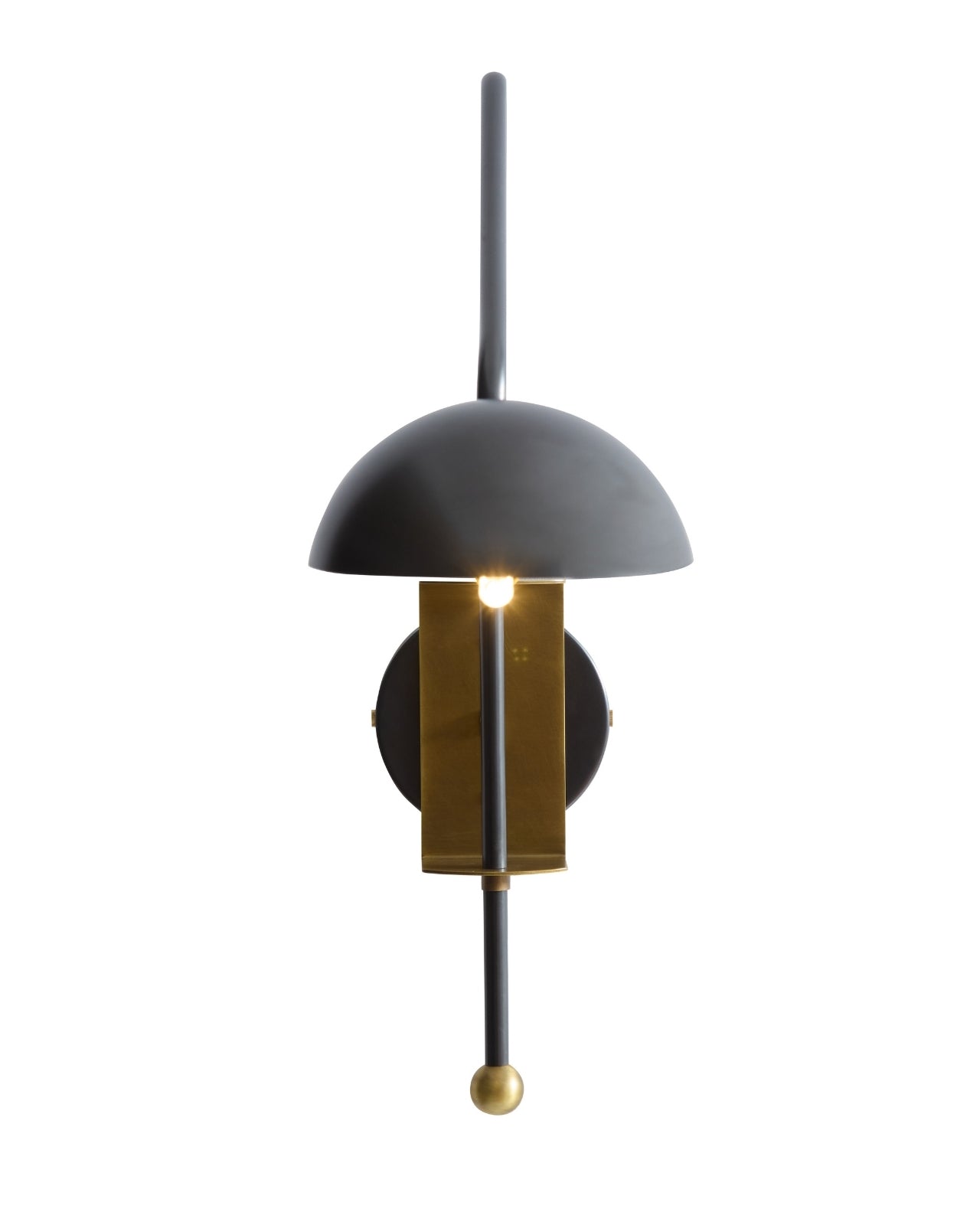 Front view of the Marcello wall sconce featuring a black dome shade, vertical black stem, and brass wall mount, shown illuminated on a white background.