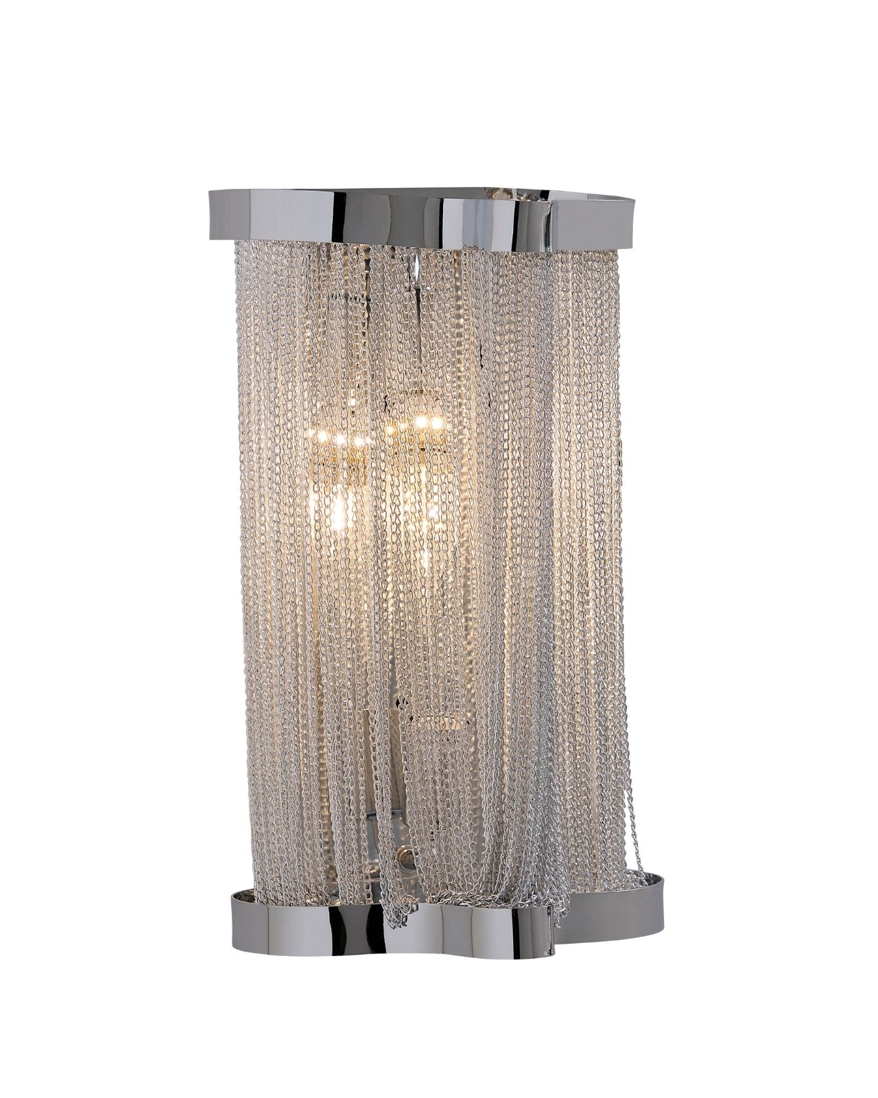 Skulpta Wall Sconce featuring a polished silver aluminum frame with cascading metal chain detailing, shown illuminated on a white background, emphasizing its modern sculptural form and soft ambient glow.