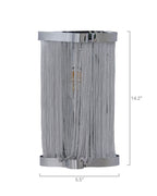 Skulpta Wall Sconce with a polished silver aluminum frame and cascading metal chain curtain, shown on a white background with labeled dimensions highlighting its sculptural modern design.