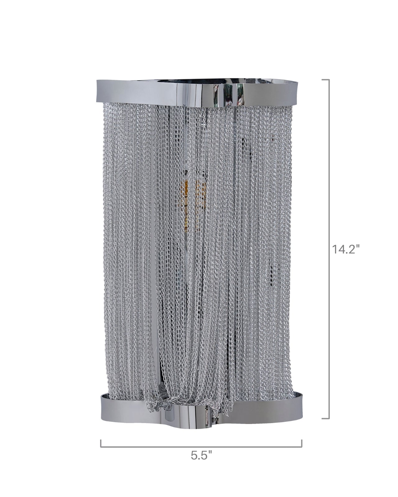 Skulpta Wall Sconce with a polished silver aluminum frame and cascading metal chain curtain, shown on a white background with labeled dimensions highlighting its sculptural modern design.