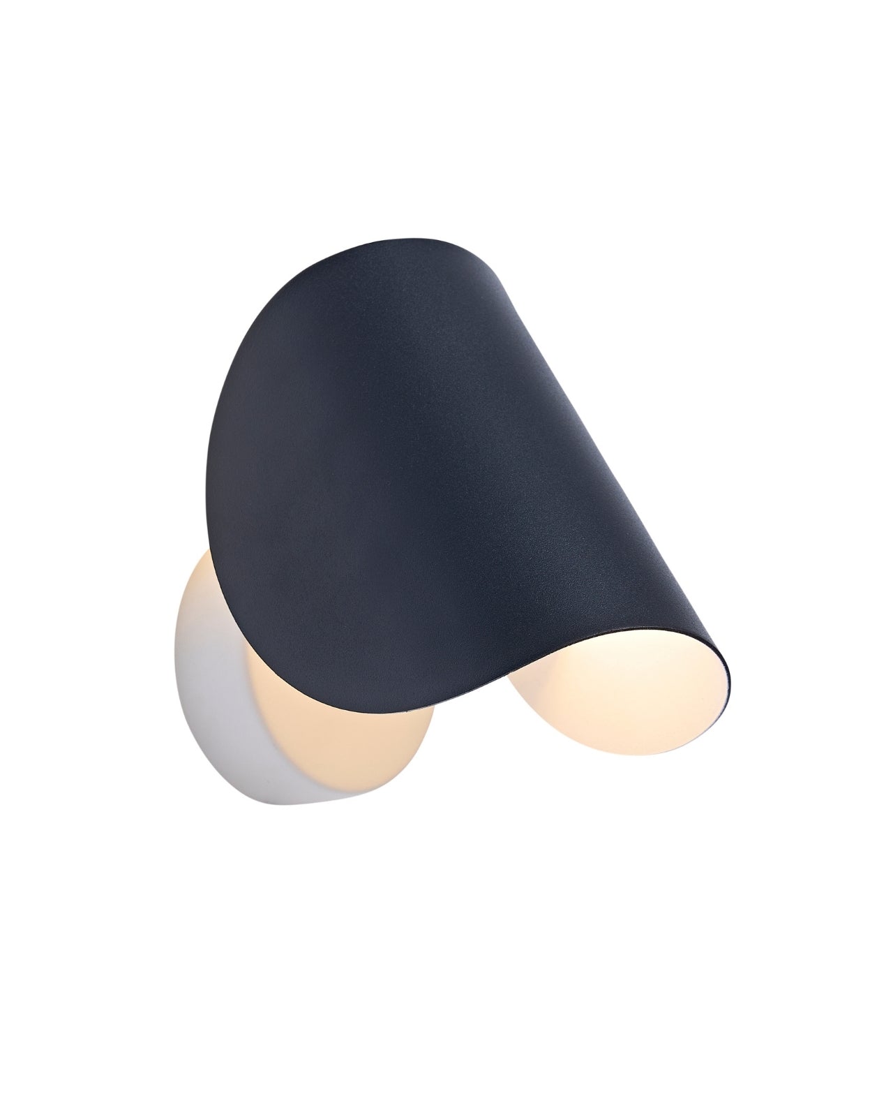 Angled wall sconce with a curved black metal shade and a white circular backplate, illuminated.