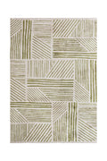 Flat-woven rug with green linear geometric blocks on a beige background.