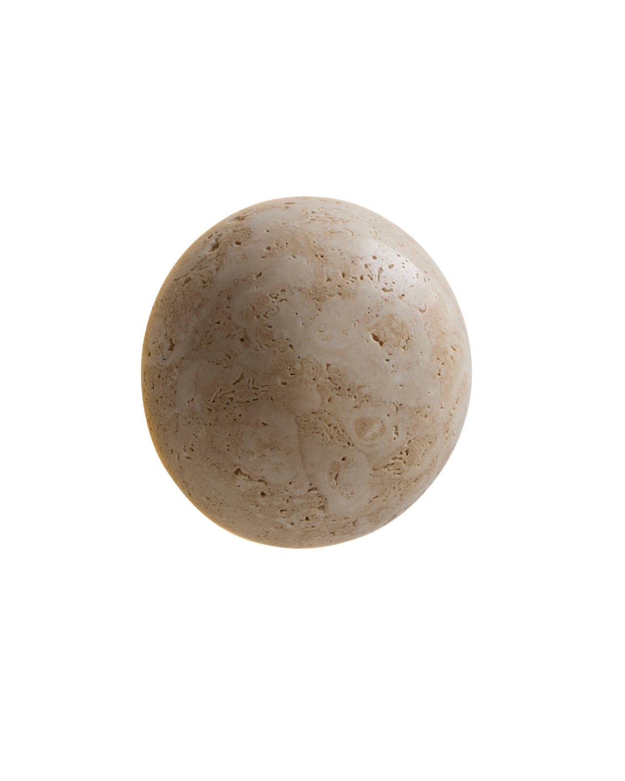 Front view of a spherical wall sconce made of natural travertine stone with a textured surface.