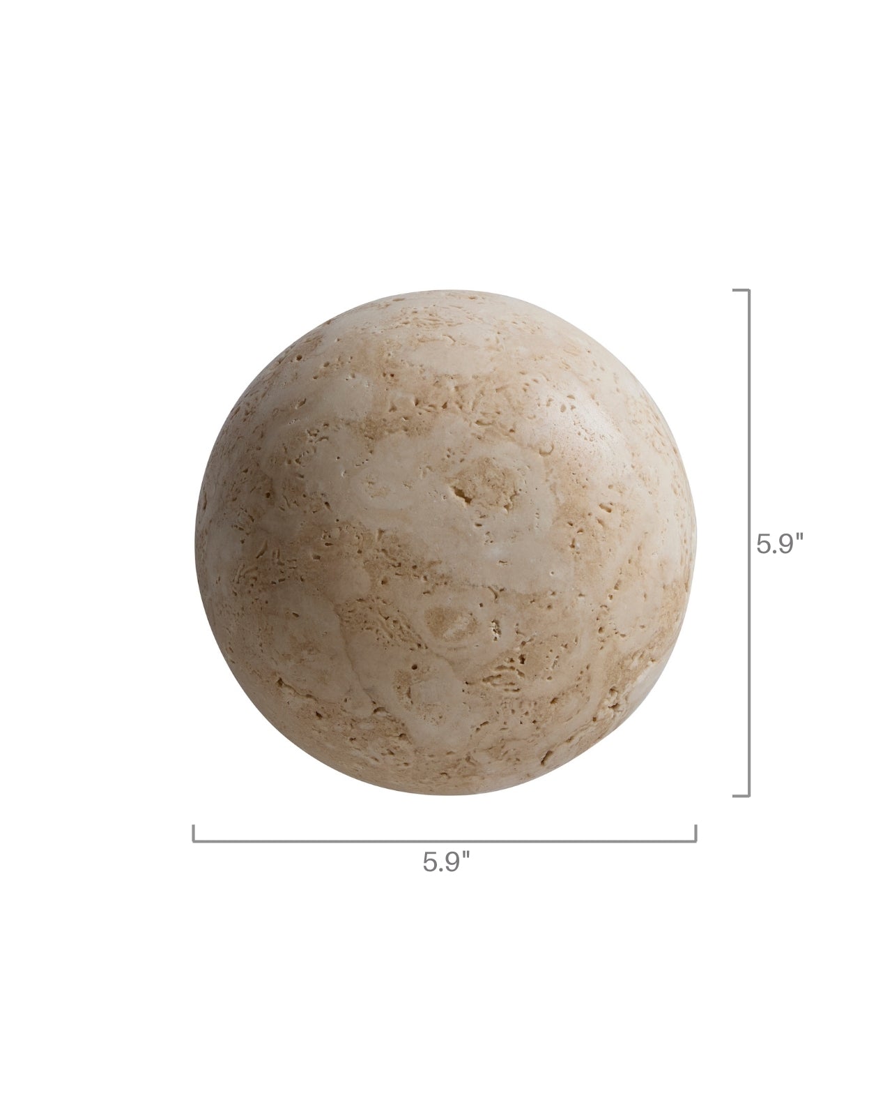 Front view of a spherical wall sconce made of natural travertine stone, showing a diameter of 5.9 inches.