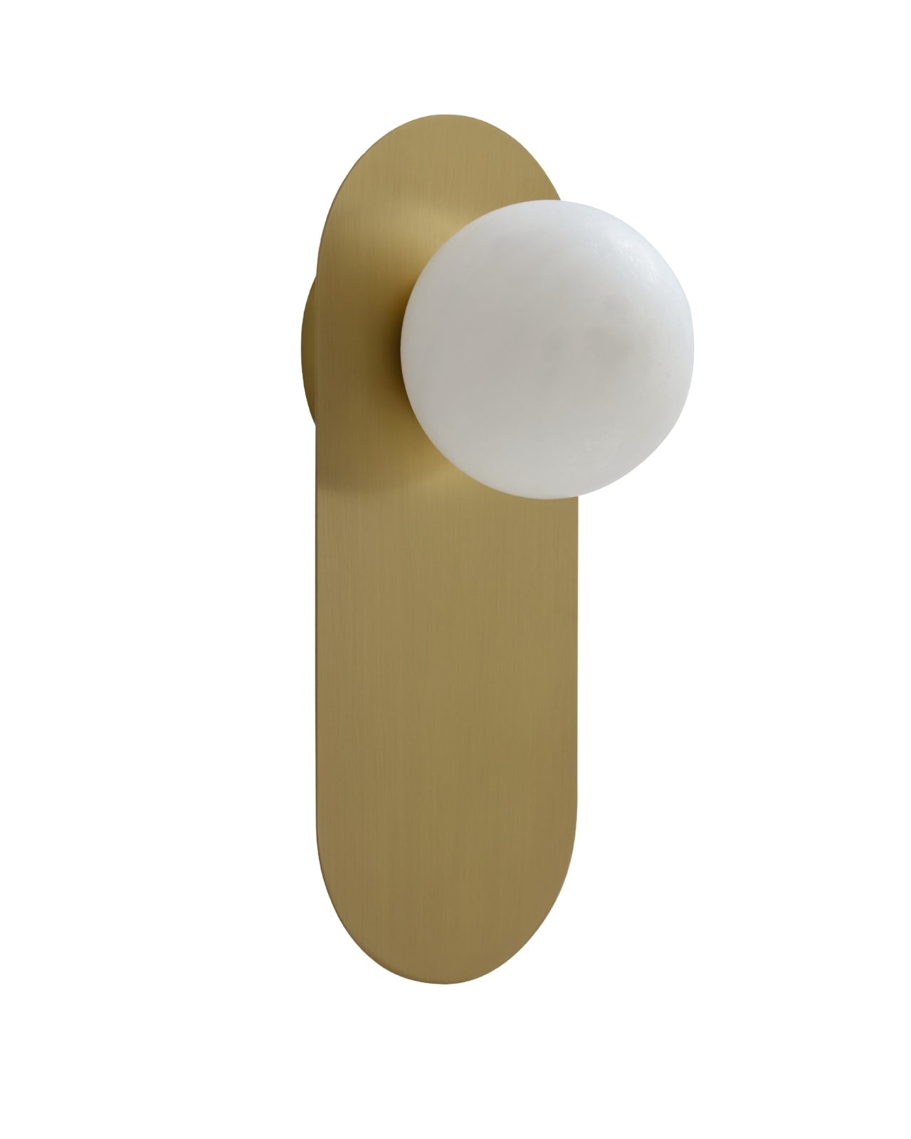 Milan wall sconce shown against a white background, featuring a slim brushed brass vertical backplate with an offset round white glass globe extending outward in a clean, modern silhouette.