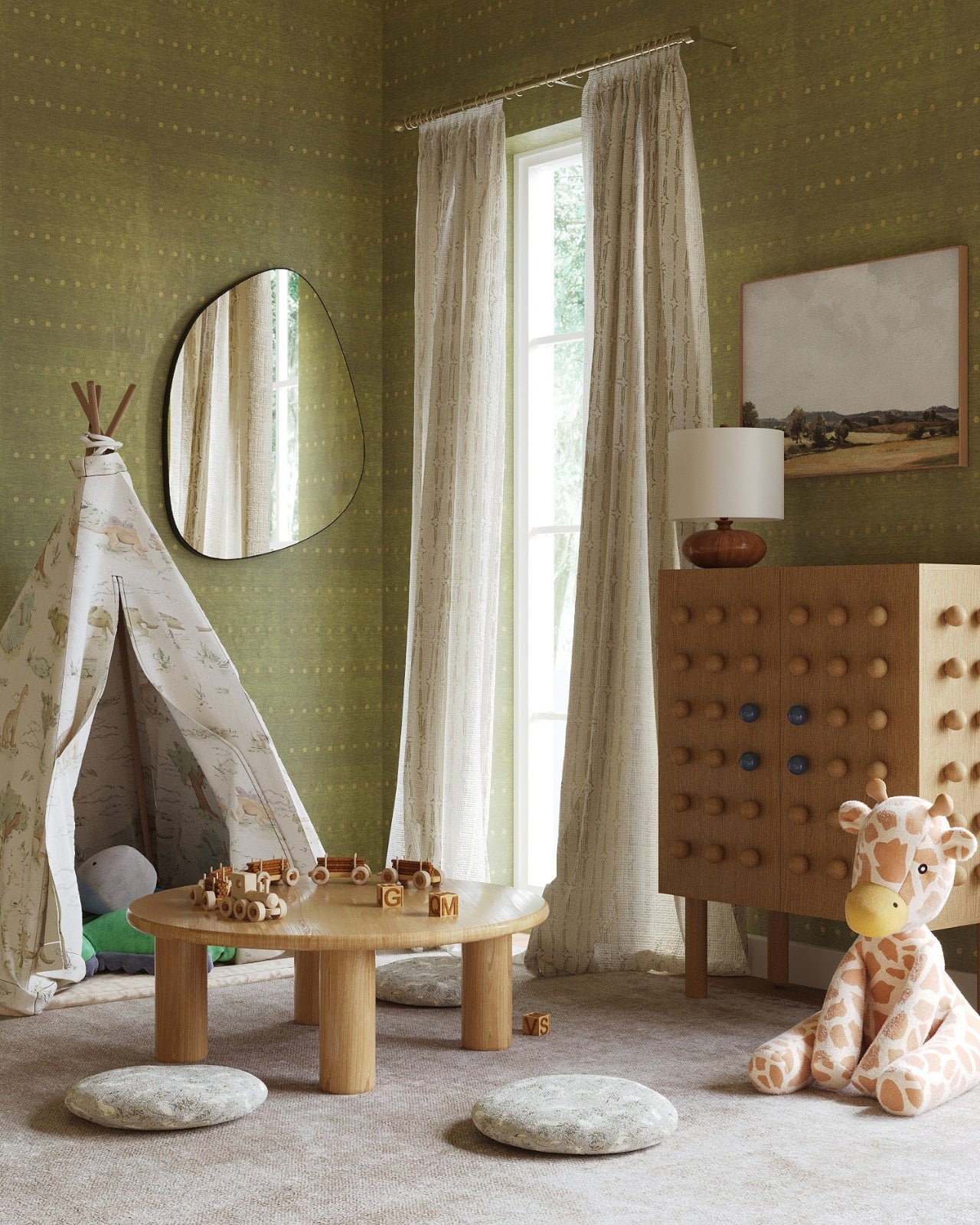 Frameless blob-shaped wall mirror styled in a nursery room above a wooden play area, reflecting natural light from a window.