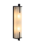 Agatha oversized wall sconce with a tall rectangular alabaster shade framed in black copper, illuminated with warm light and shown front-facing on a white background.