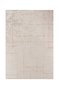 Rectangular area rug in soft beige with subtle blush grid lines.
