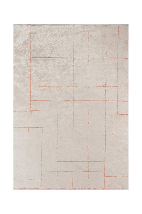 Rectangular area rug in soft beige with subtle blush grid lines.