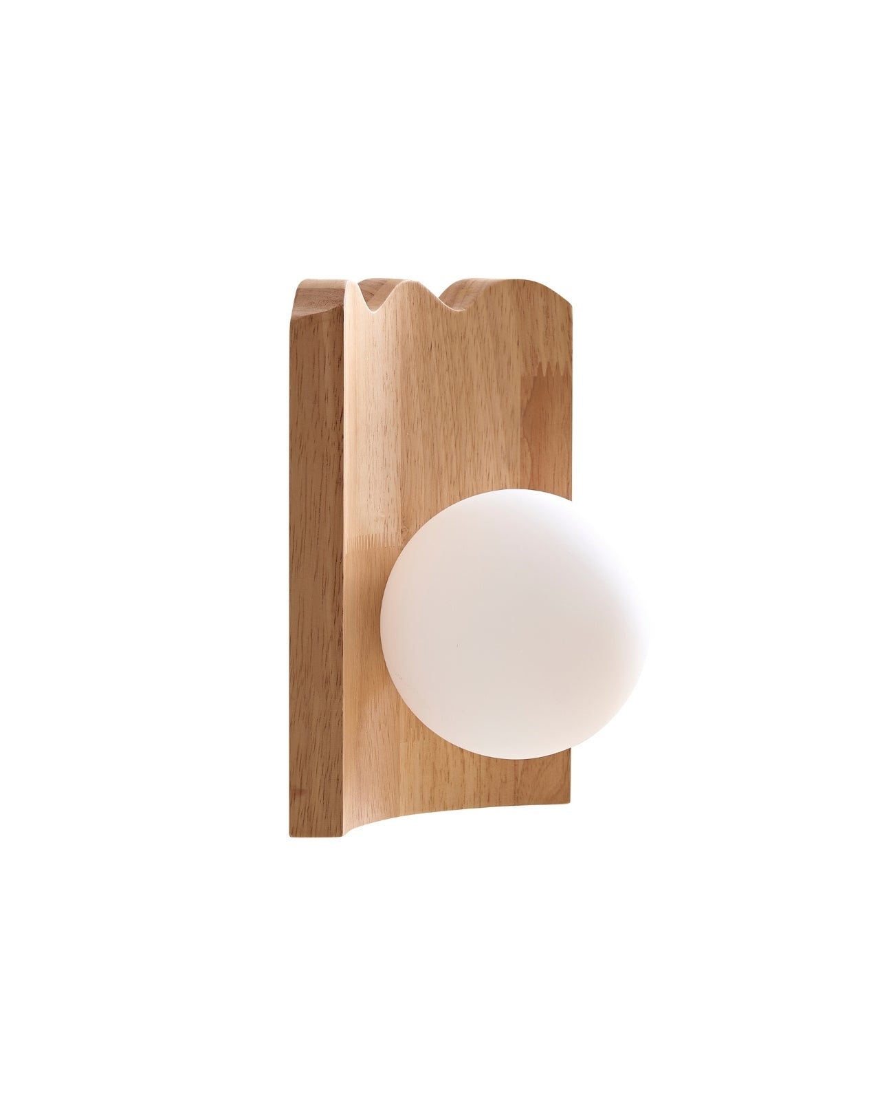 Clemence wall sconce featuring an oak wood backplate with a protruding white glass globe, shown from a side angle.