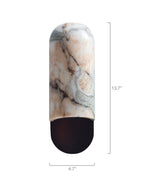 Vertical marble wall sconce with rounded edges, natural beige and gray veining, and a gunblack metal base, shown with dimensions labeled 13.7 inches high and 4.7 inches wide on a white background.