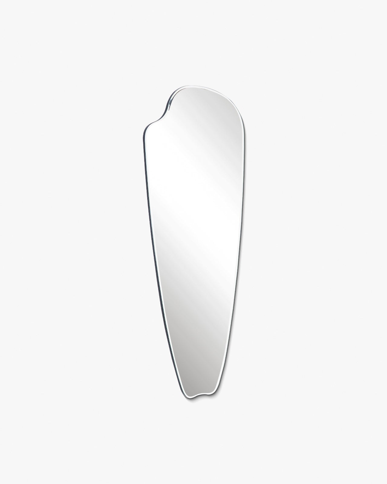 Frameless elongated wall mirror with an organic pebble-inspired silhouette, shown on a white background.