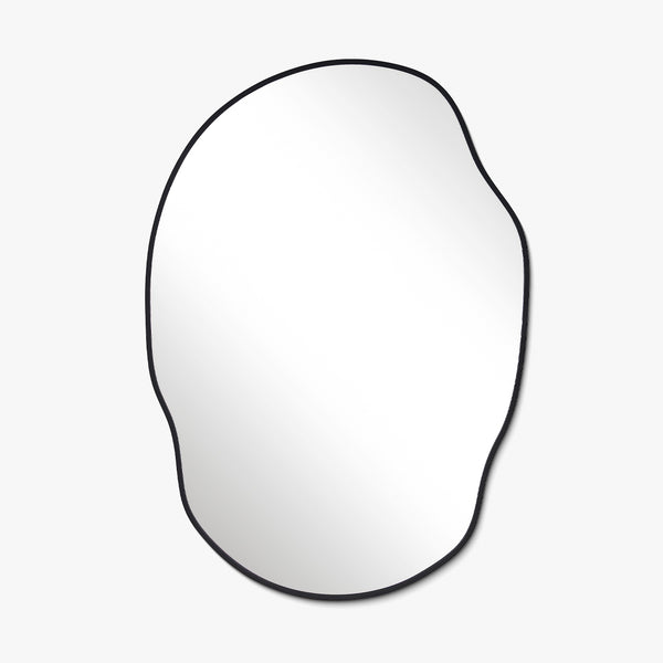 Irregular-shaped wall mirror with a slim black metal frame on a white background.