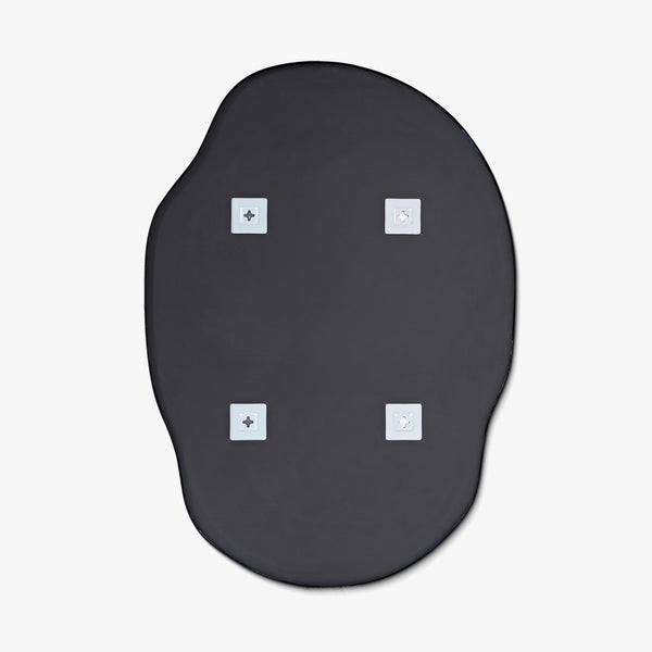 Back view of the irregular-shaped wall mirror with a black backing and four wall-mounting brackets visible.
