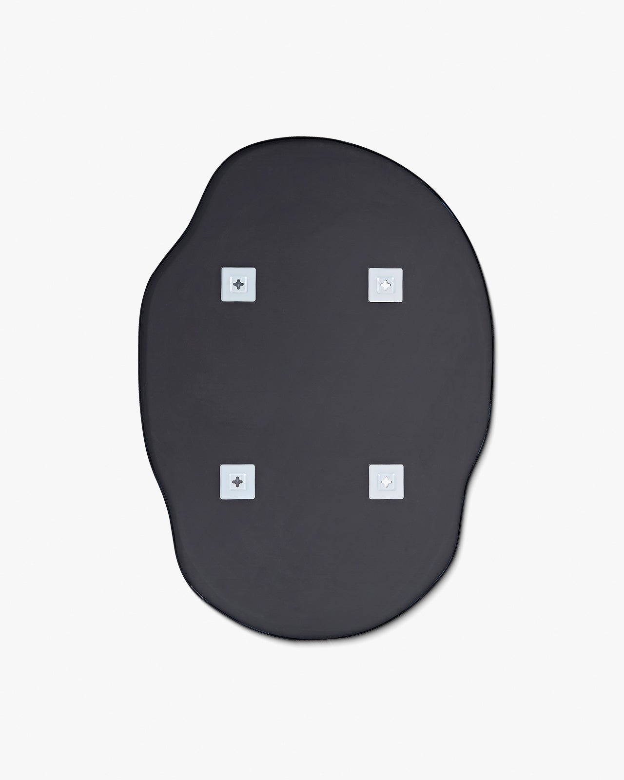 Back view of the irregular-shaped wall mirror with a black backing and four wall-mounting brackets visible.