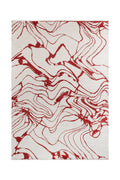 Cream rug with red abstract line pattern.