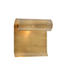 Wall-mounted light fixture with a perforated cylindrical metal shade attached to a curved rectangular brass backplate.