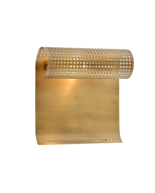 Wall-mounted light fixture with a perforated cylindrical metal shade attached to a curved rectangular brass backplate.