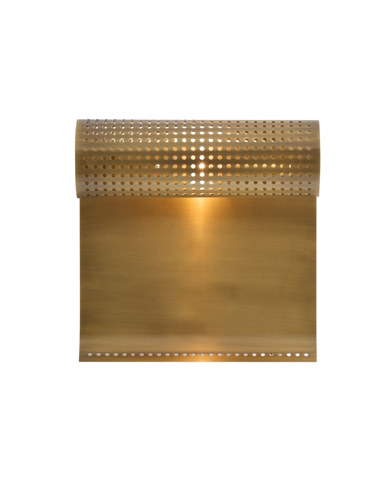 Wall-mounted light fixture with a perforated cylindrical metal shade attached to a curved rectangular brass backplate.