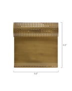 Wall-mounted light fixture with a perforated cylindrical metal shade attached to a curved rectangular brass backplate, shown with width and height dimensions.