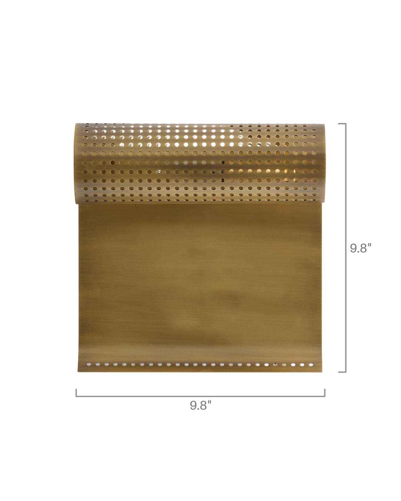 Wall-mounted light fixture with a perforated cylindrical metal shade attached to a curved rectangular brass backplate, shown with width and height dimensions.