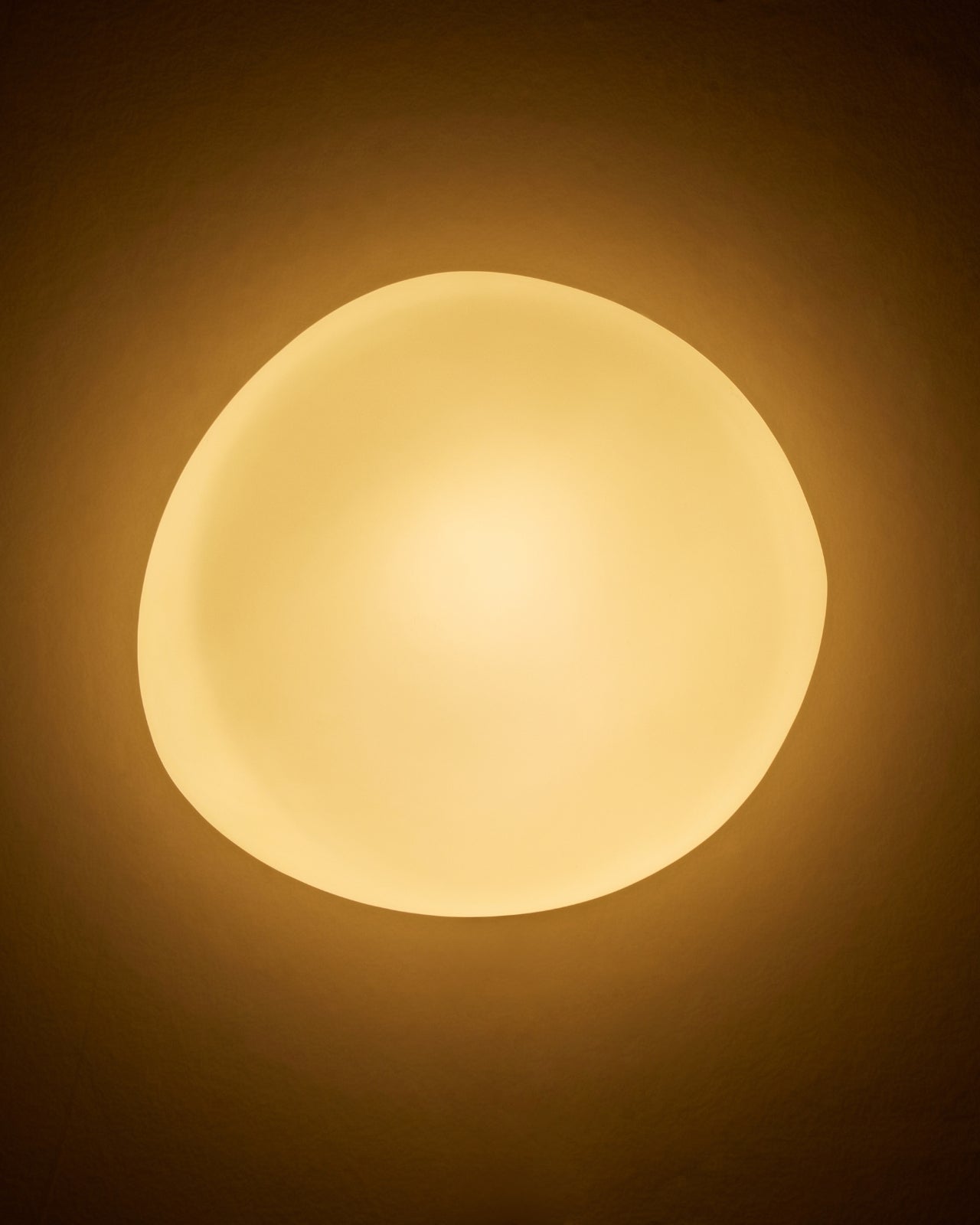 Illuminated oval wall sconce emitting warm light against a wall.