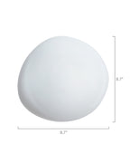 Oval opaque white glass shade shown with dimensions, measuring 8.7 inches wide and 8.7 inches high.