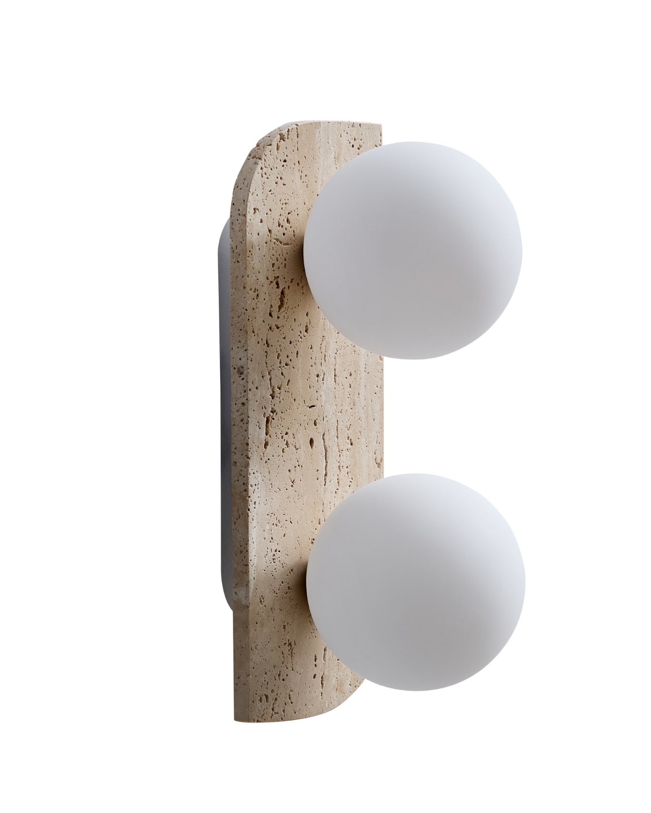 Travertine wall sconce with two round white glass globes mounted vertically.