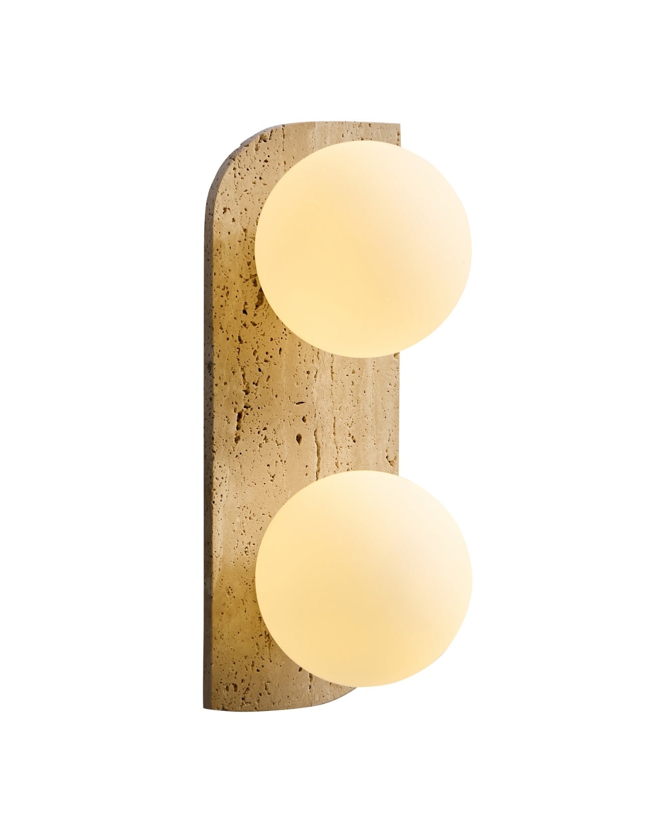 Travertine wall sconce with two round opaque white glass globes mounted vertically for modern ambient lighting.