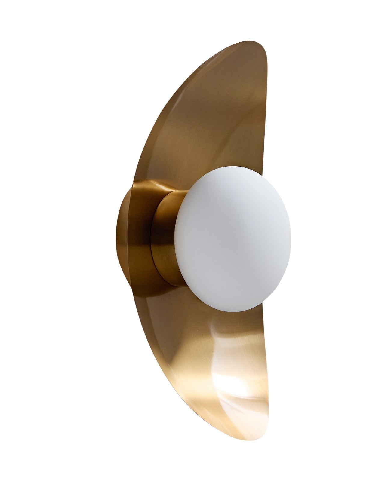 Wall-mounted light with an oval brass backplate and a centered white glass globe, shown from a side angle against a white background.