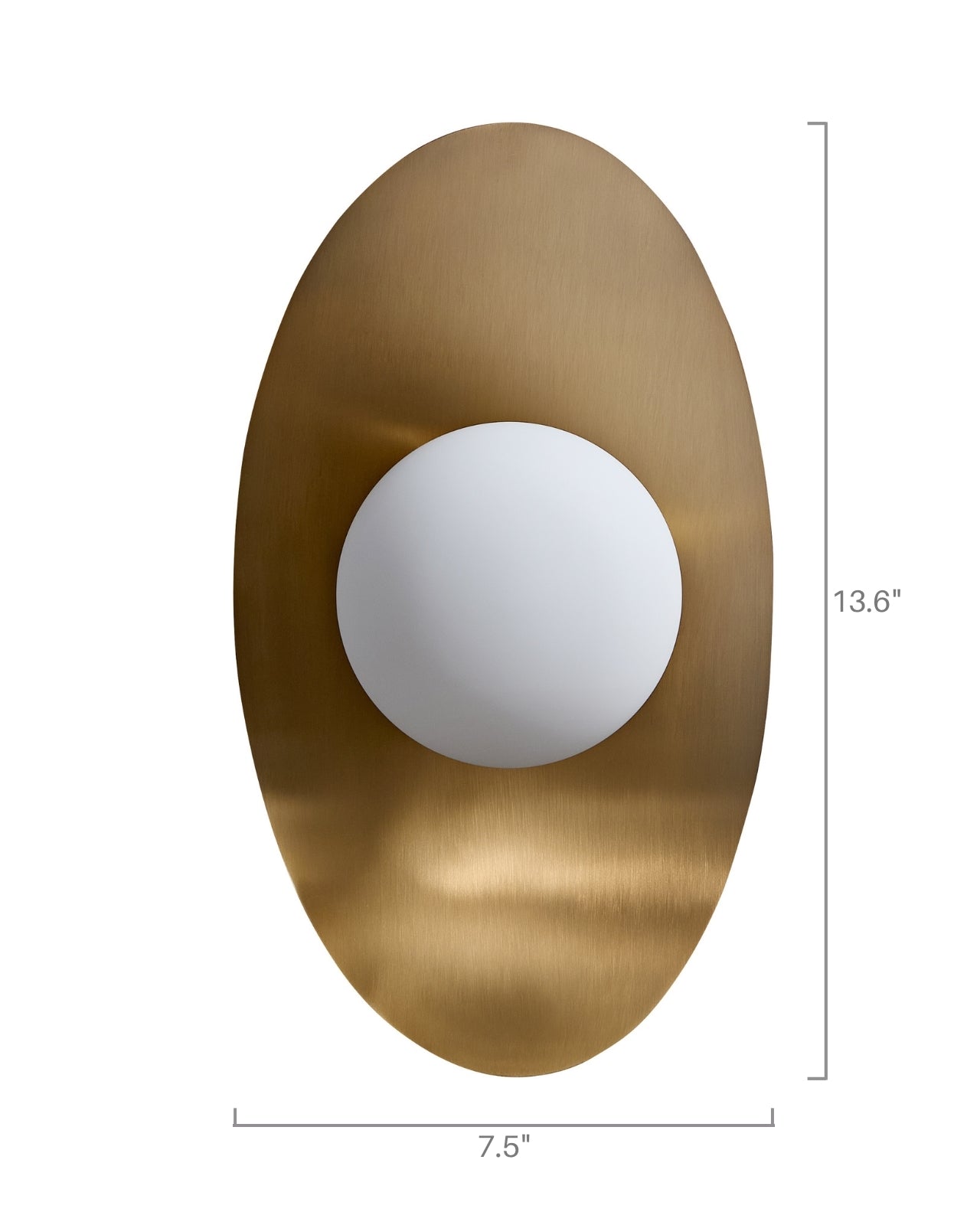 Wall-mounted light with a centered opaque white glass globe mounted on a vertically oriented oval brass backplate, shown on a white background, measuring 13.6 inches in height and 7.5 inches in width.