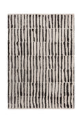 Rectangular rug with vertical black and gray stripes on a light background.