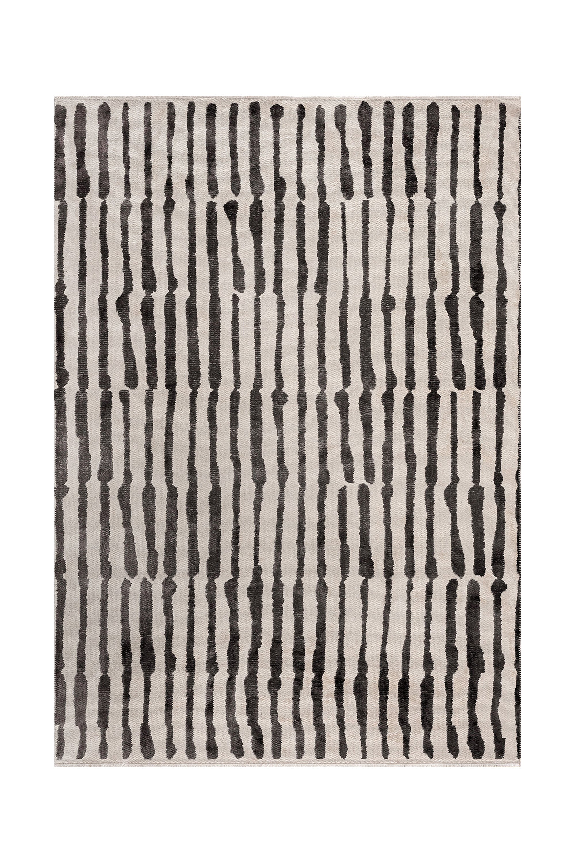 Rectangular rug with vertical black and gray stripes on a light background.