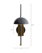 Front view of the Marcello wall sconce in black and brass with a dome-shaped shade and vertical stem, shown on a white background with labeled dimensions: 22.4 inches high, 7 inches wide, and a 5.1-inch central mounting section.