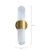Vertical brass wall sconce with a frosted, textured glass tube held by a central brushed brass band and round backplate, measuring approximately 14.6 inches tall and 4.7 inches wide, designed to emit soft ambient light.