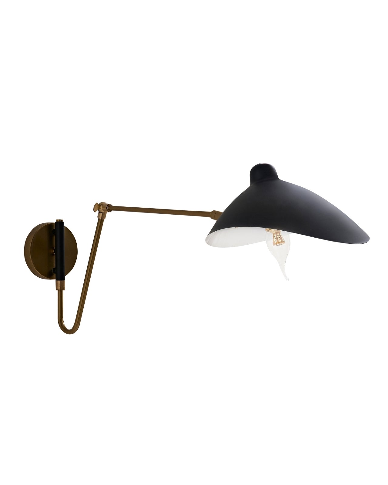 Adjustable wall-mounted sconce with a black dome-shaped metal shade and brass articulated arm, shown from the side against a white background, with an exposed bulb directing light downward.
