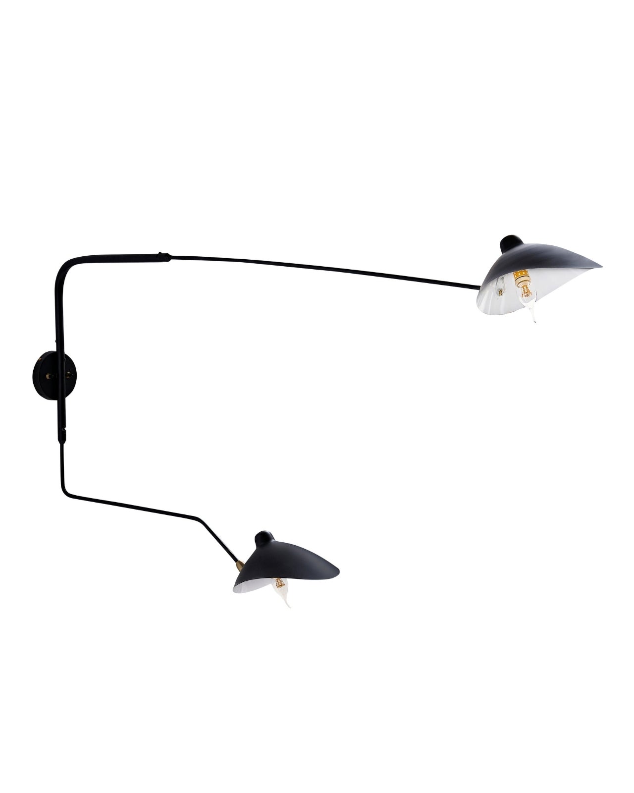 Fleur de Noir wall sconce with a matte black metal finish, featuring elongated asymmetric arms and two dome-shaped shades, shown against a white background.