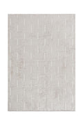 Geometric patterned rug in soft neutral tones.