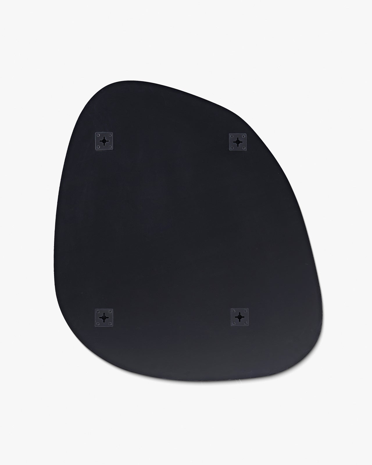 Back view of a frameless blob-shaped wall mirror showing matte black backing with four integrated metal mounting brackets.
