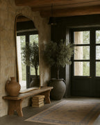 Asymmetrical full-length mirror with an organic shape and thin brass-colored frame, mounted above a wooden bench in a rustic entryway with potted plants and natural light.