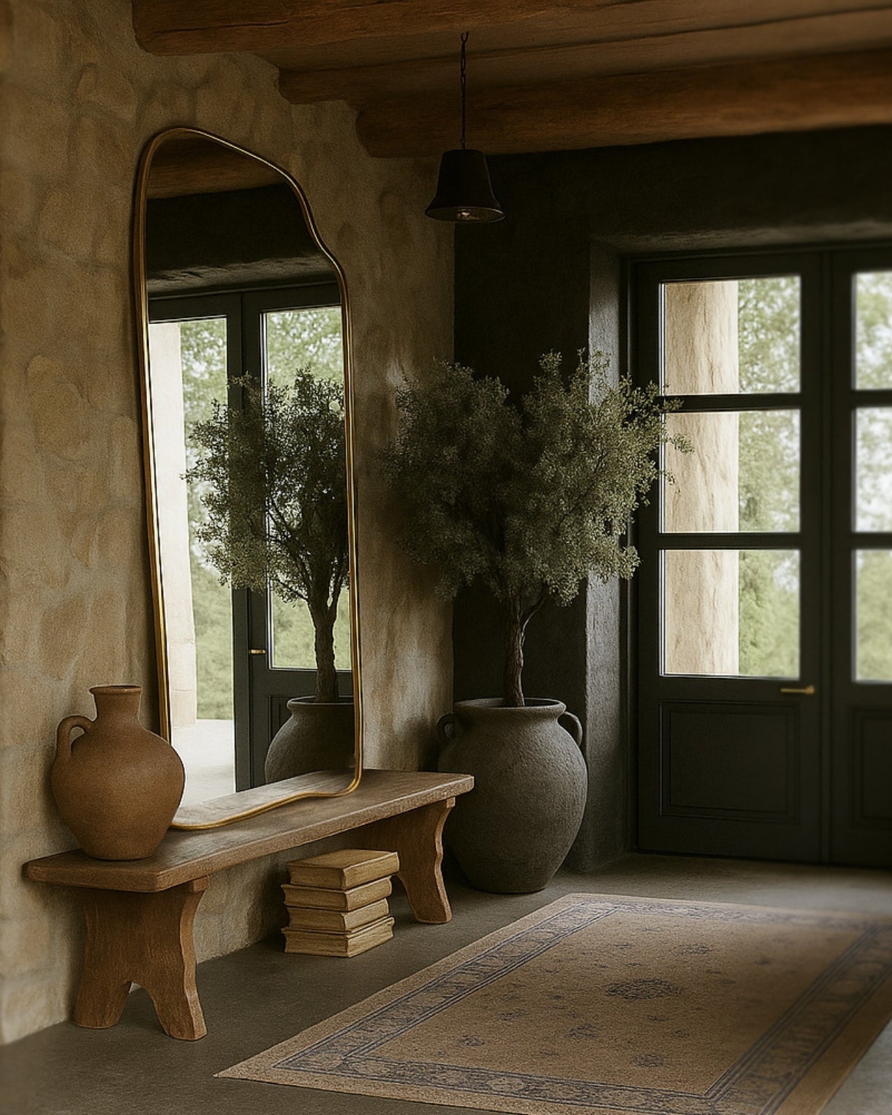 Asymmetrical full-length mirror with an organic shape and thin brass-colored frame, mounted above a wooden bench in a rustic entryway with potted plants and natural light.