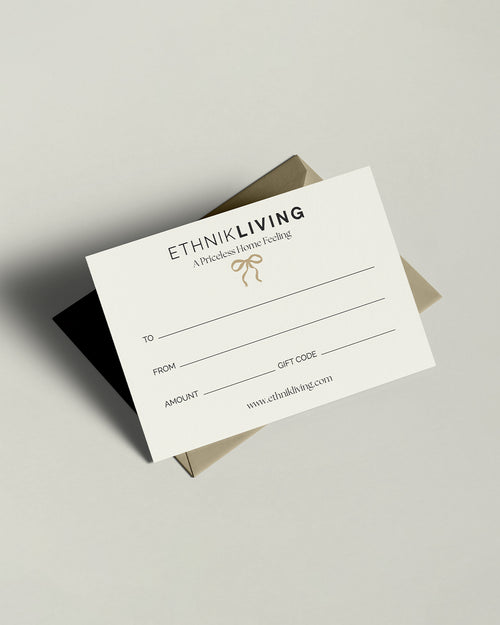 Ethnik Living gift card displaying the text “ETHNIK LIVING – A Priceless Home Feeling,” with labeled fields for To, From, Amount, and Gift Code.