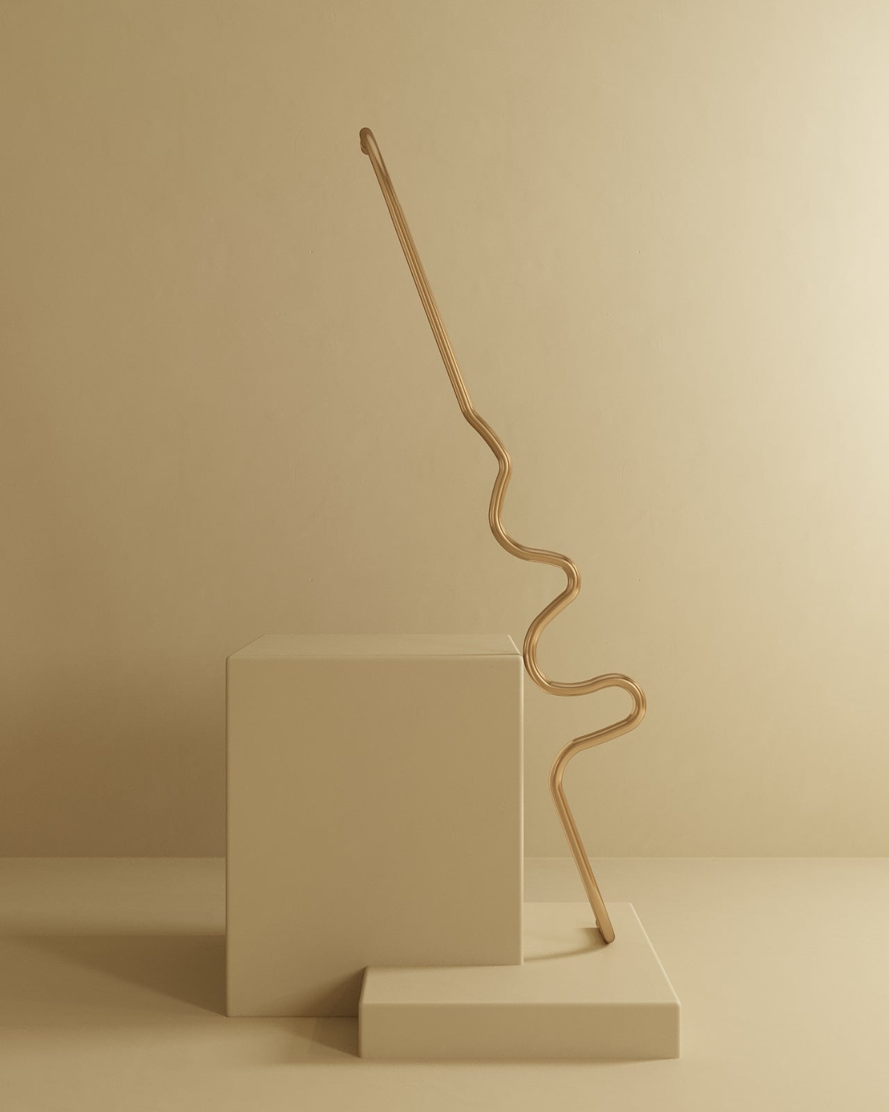 Minimal display of a sculptural brass wavy bar mounted against a neutral wall on white pedestal blocks.