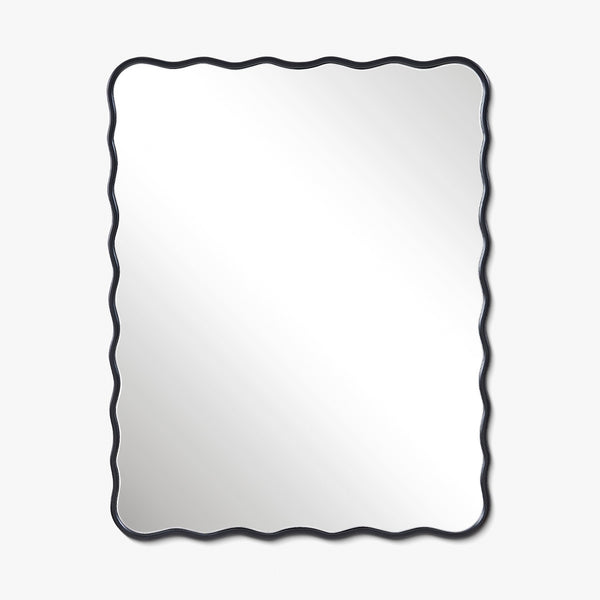 Rectangular wall mirror with a black frame and softly wavy edges, shown in a vertical orientation.