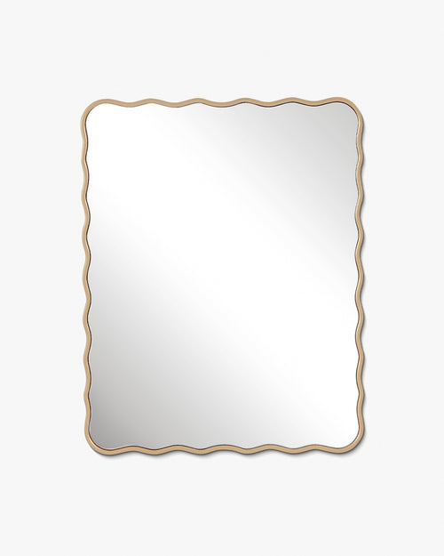 Rectangular wall mirror with a softly wavy frame, finished in a warm gold tone, displayed against a plain background.