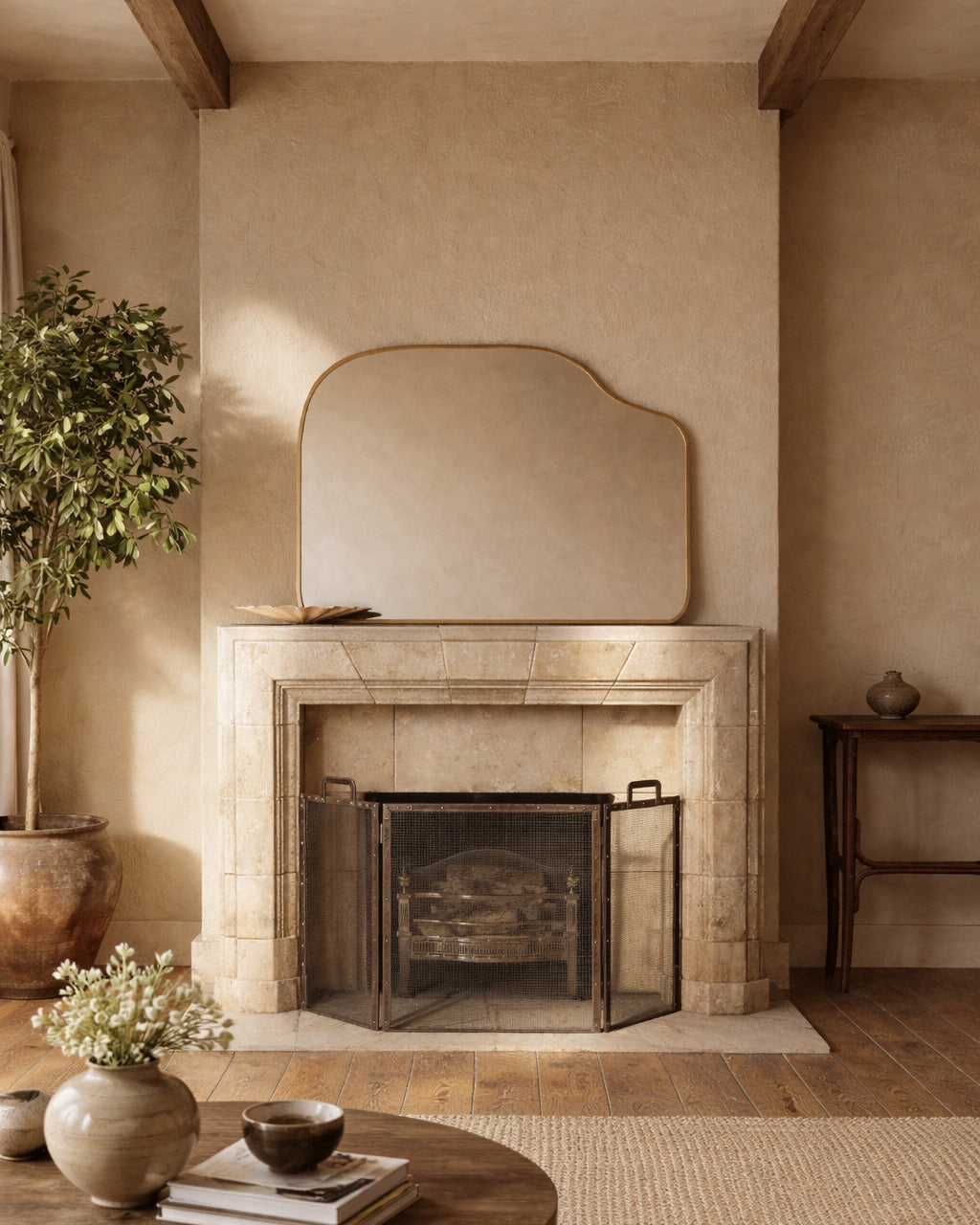 Asymmetrical brass-framed mirror mounted above a stone fireplace in a neutral interior setting.