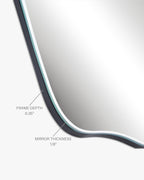 Close-up detail of a mirror edge showing mirror thickness and backing depth with labeled measurements.