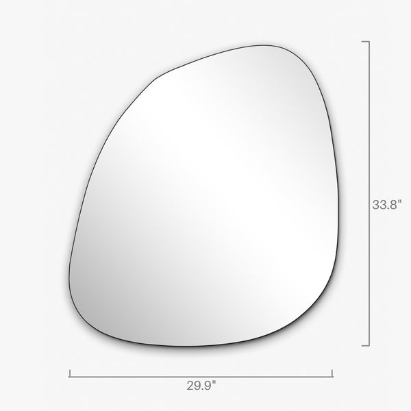 Frameless blob-shaped wall mirror with overall dimensions of 33.8 inches height and 29.9 inches width.